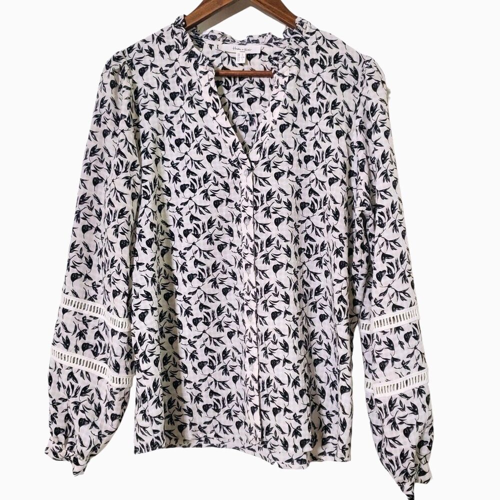Haver + Blair London Shirt Size L Peasant Blouse Cream Floral Classic Womens
